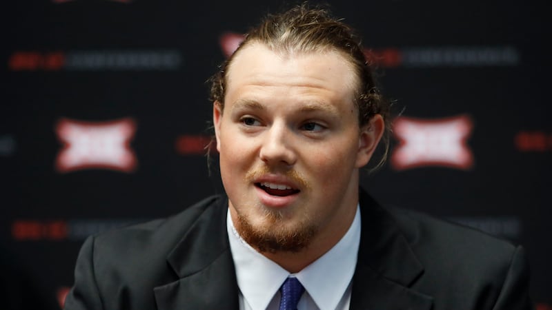 FILE - In this July 16, 2019, file photo, Kansas State defensive end Wyatt Hubert speaks...