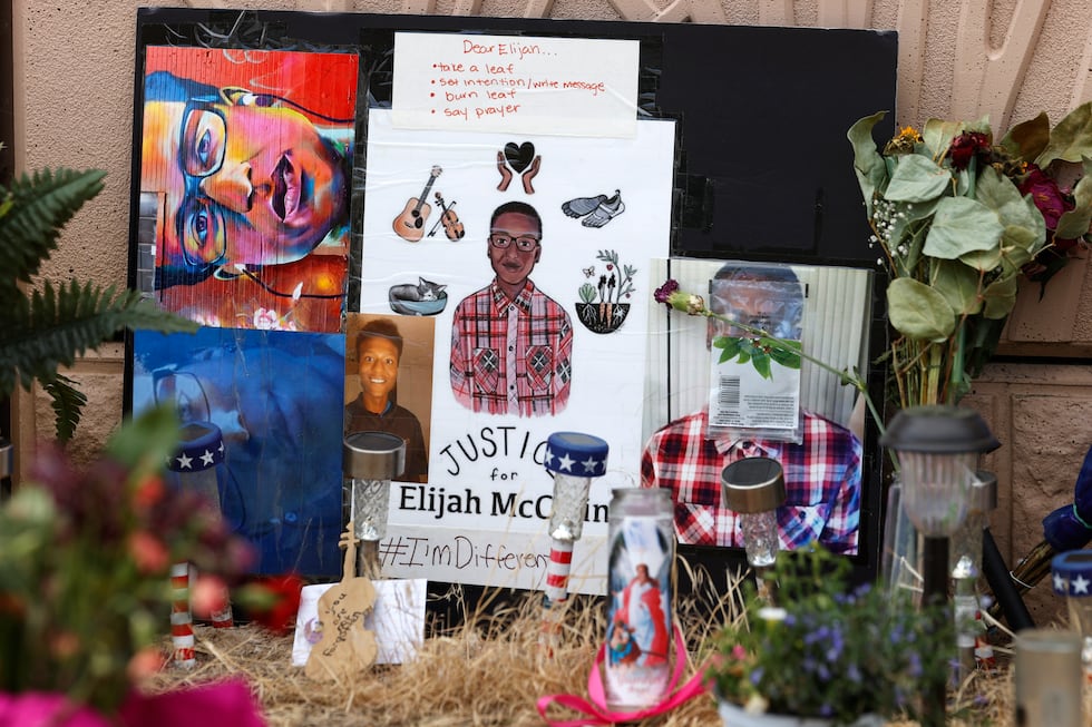 FILE - A makeshift memorial stands at a site across the street from where Elijah McClain was...