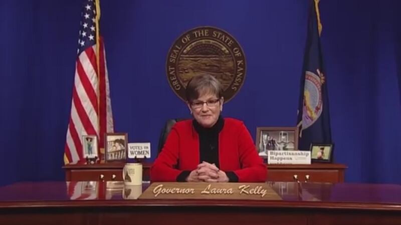 This screenshot shows Gov. Laura Kelly, D-Kansas, delivering her State of the State address...