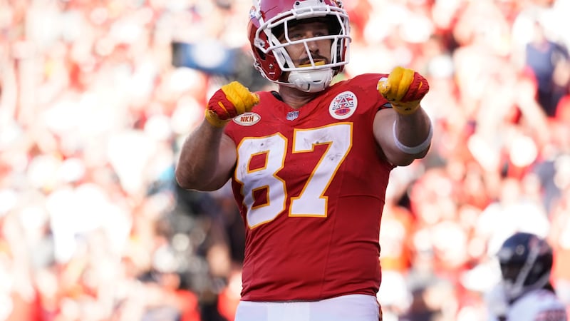 Kansas City Chiefs tight end Travis Kelce celebrates after scoring during the second half of...