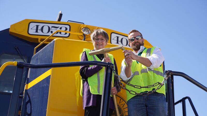 Gov. Kelly celebrates the opening of the Cimarron Valley Railroad following improvements on...