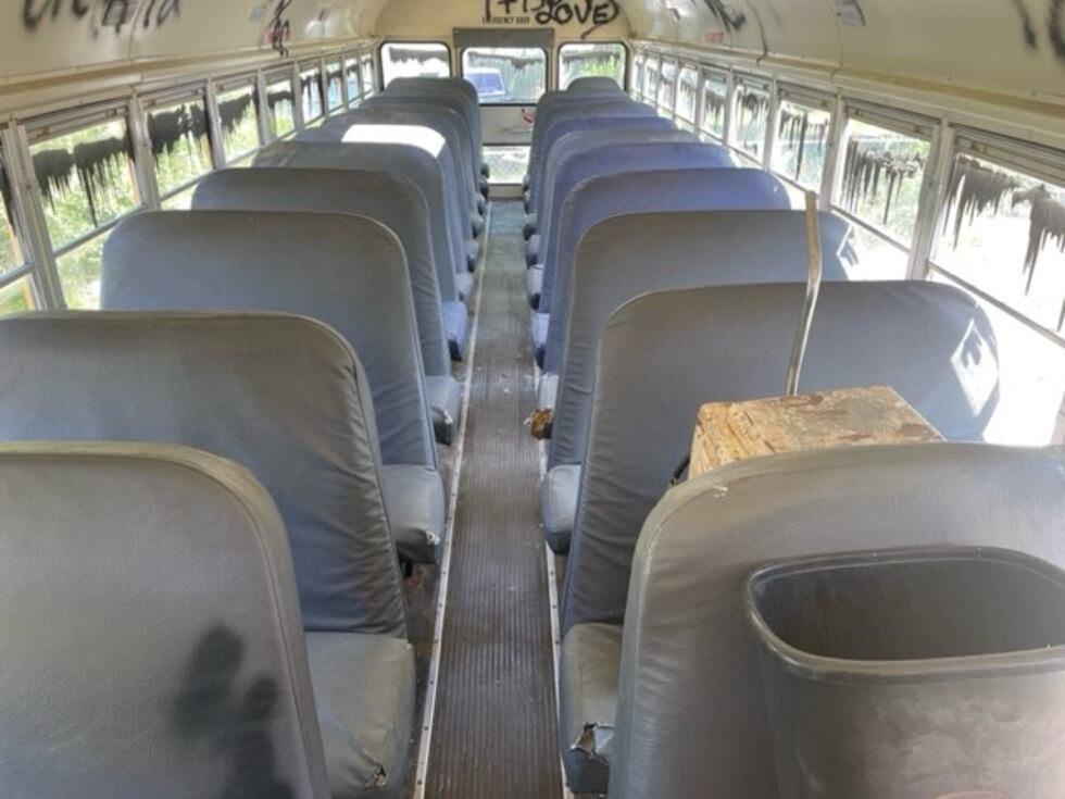 Vandals disable a bus at a church in the Oakland neighborhood on May 2, 2023.