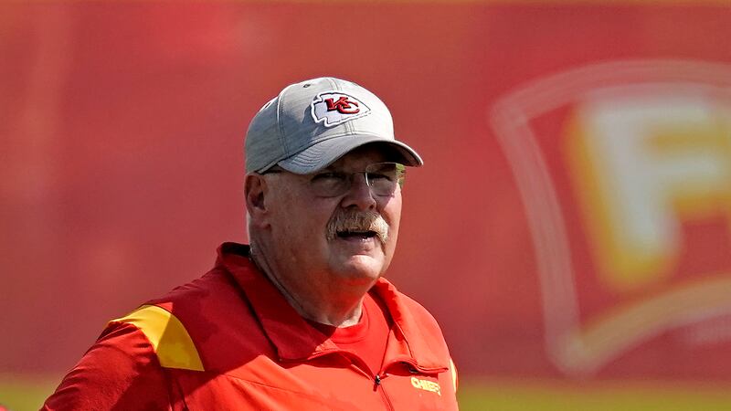Kansas City Chiefs head coach Andy Reid watches a drill during NFL football training camp...