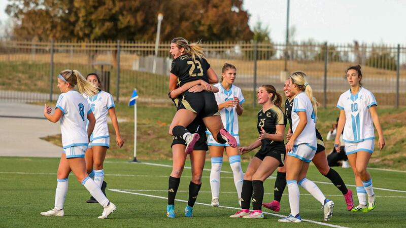 No. 4 Emporia State's Paige Putter celebrating a goal during the MIAA Tournament Semifinals...