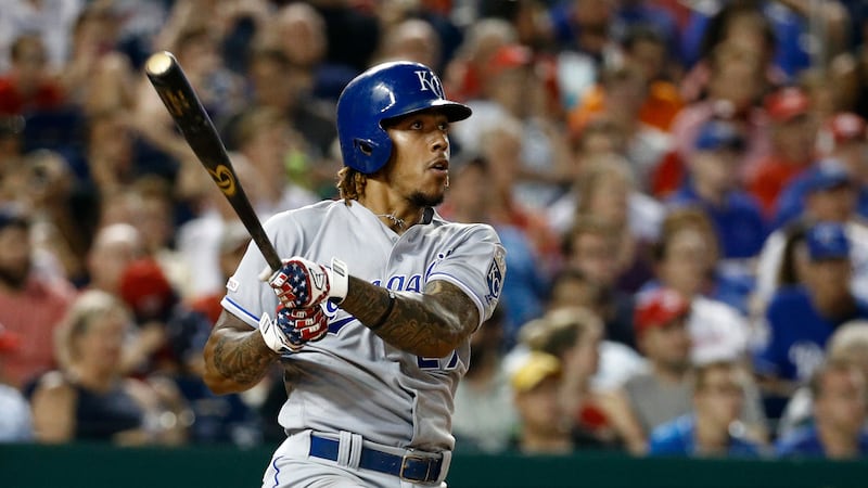 Kansas City Royals' Adalberto Mondesi hits a fly ball during a baseball game against the...
