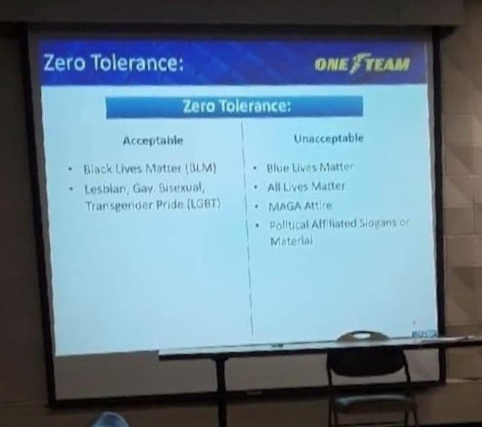Slide that was presented during a diversity training showing what's acceptable and what isn't...