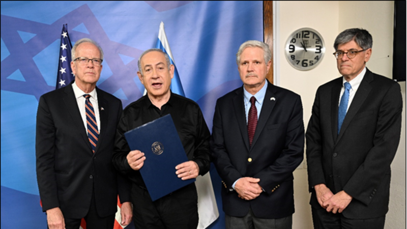 Sens. Moran and Hoeven present Prime Minister Netanyahu with a copy of S. Res. 417.