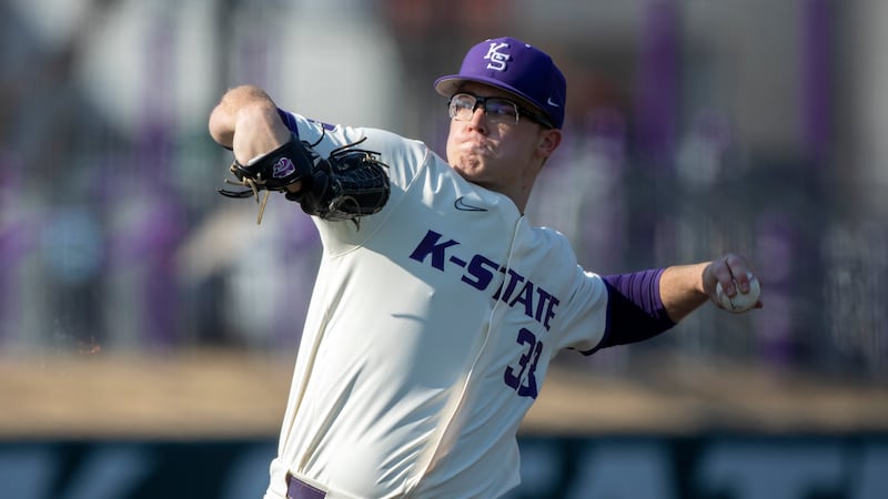 Kansas State's Jordan Wicks during an NCAA baseball game on Friday, March 5, 2021 in...