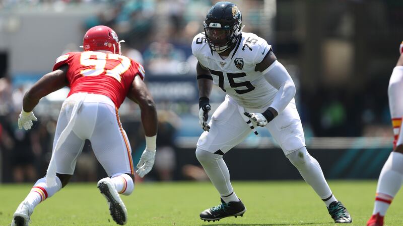 Jacksonville Jaguars offensive tackle Jawaan Taylor (75) makes a move to block during an NFL...