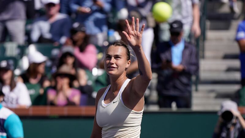Aryna Sabalenka, of Belarus, celebrates her victory over Coco Gauff, of the United States, at...