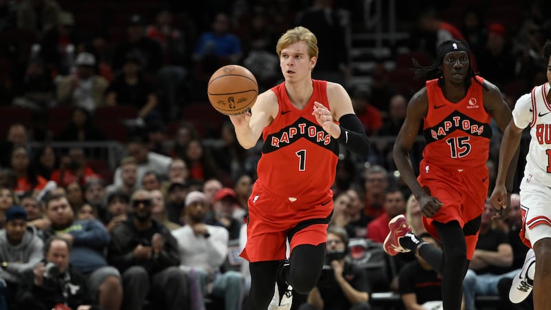 Toronto Raptors guard Gradey Dick dribbles the ball during the second half of a preseason NBA...