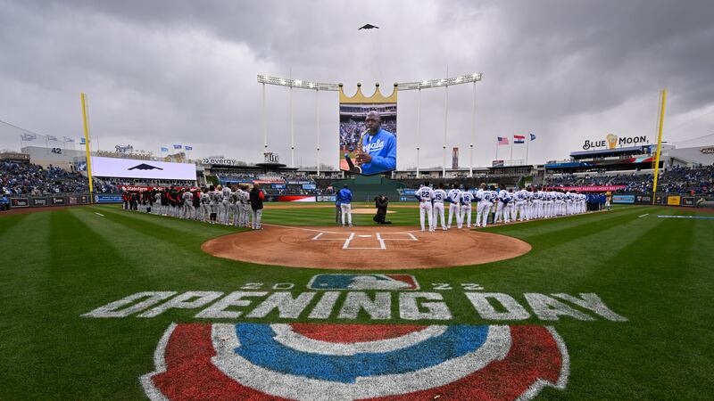 A B2 Stealth Bomber from Whiteman Air Force Base flies over Kauffman Stadium during the...