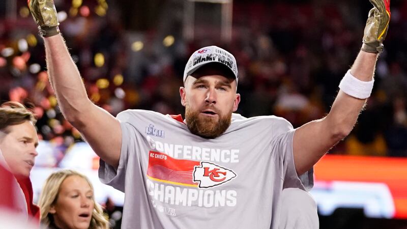 Kansas City Chiefs tight end Travis Kelce celebrates after the NFL AFC Championship playoff...