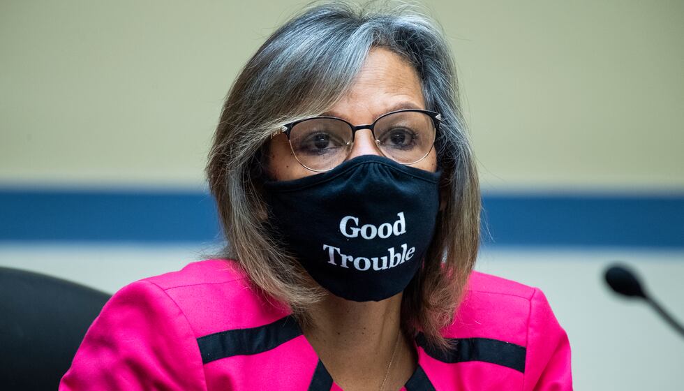FILE - In this Aug. 24, 2020 file photo, Rep. Robin Kelly, D-Ill., listens during a House...
