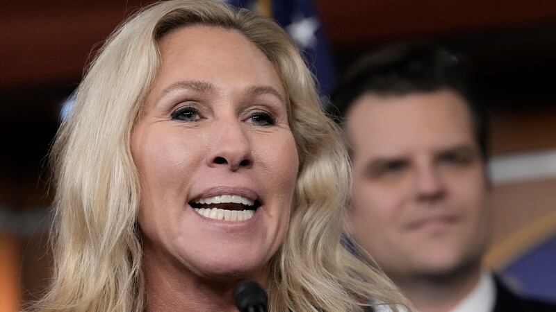 FILE - Rep. Marjorie Taylor Greene, R-Ga., speaks during a news conference at the Capitol in...