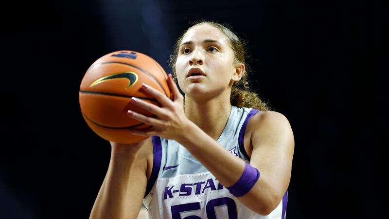 Kansas State center Ayoka Lee during an NCAA basketball game on Saturday, Dec. 18, 2021 in...