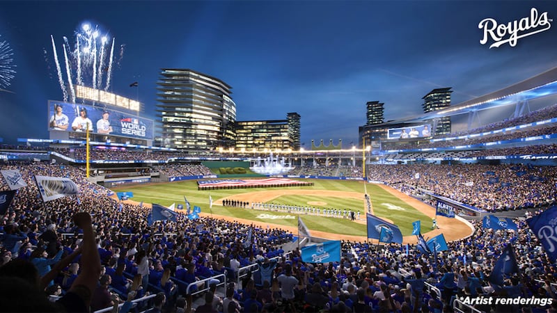 Artist renderings of a potential downtown ballpark released by the Kansas City Royals